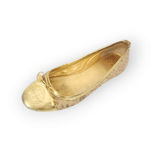 Tory Burch Shoes - Tory Burch Verbena Snake Embossed Leather/Gold Patent Ballet Flat Size 7